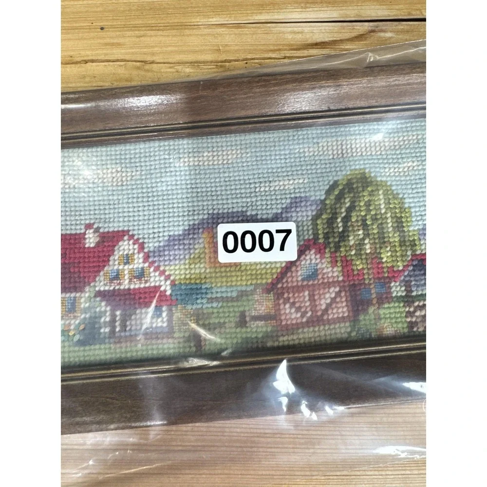 Handmade‎ Framed Red Roof Cottage Village Cross Stitch Tapestry Art Small 5x12